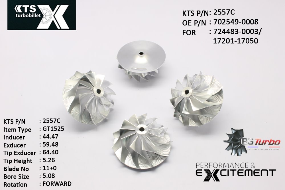 Turbo ROUE FORGÉE MFS PERFORMANCE - 11+0 PALES - INDUCER : 44,47 - EXDUCER : 59,48 - TYPE : GT15-25ANGLE : 60° - ROTATION : Forward - SUPER BACK : 3,68 - BORE SIZE : 5,08
